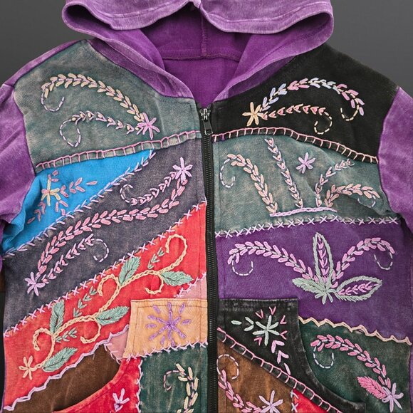 Vintage 90s Patchwork Embroidered Hoodie Size M Boho Hippie Fairy Grunge - Picture 5 of 9